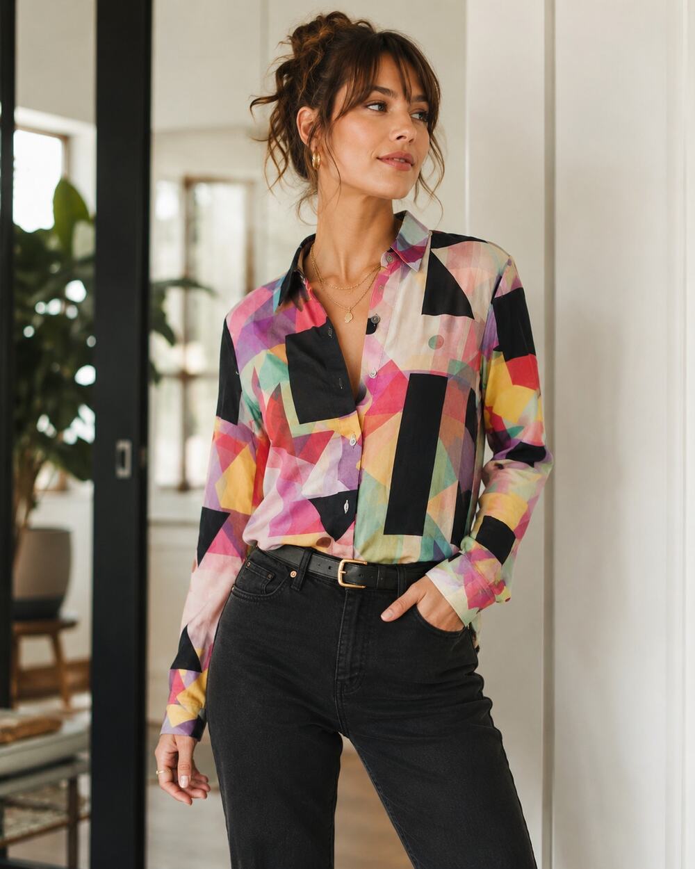Theory Womens Abstract Geometric Print Button Front Top Sz M - Picture 1 of 3